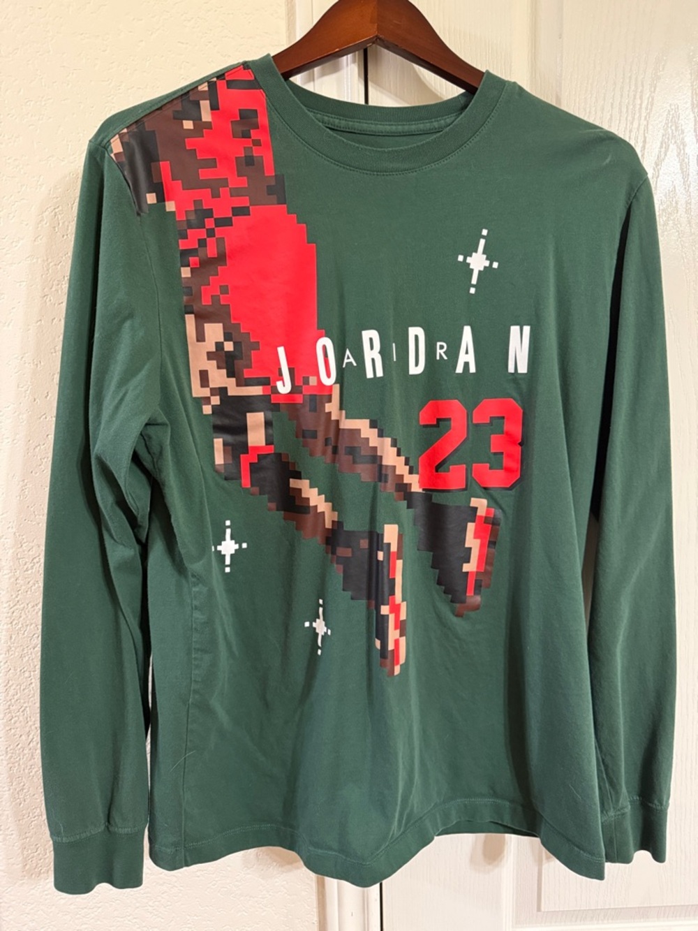 Jordan Green Long Sleeve Tee with Red Pixel Jumpman & 23 Men’s Large